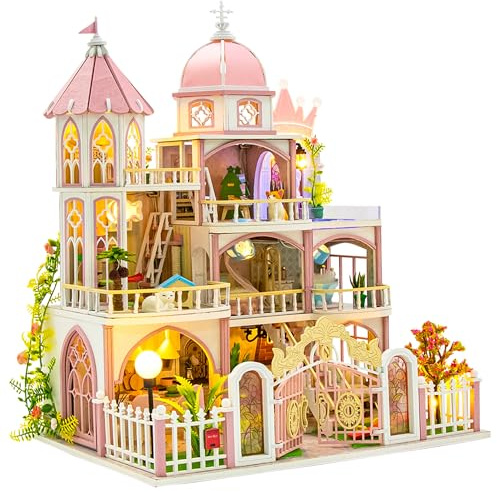 Spilay Miniatur Haus, Märchenschloss Puppenhaus Holz | DIY Miniature House mit LED-Licht, 3D Puzzle für Erwachsene, Miniatur Bausatz, Bücherregal Deko, Schreibtischdeko Geschenk