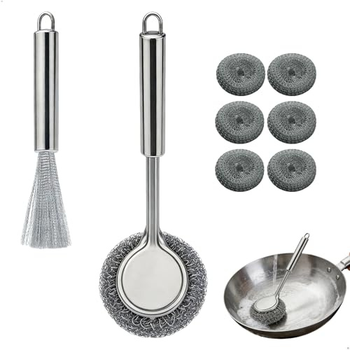 gexuamz 8 Pack Topfreiniger-Set mit Langem Griff, 1x Stahlschwamm-Bürste und 1x Edelstahl-Bürste, 6X Ersatz-Reinigungsköpfe aus Edelstahl, für Töpfe, Pfannen und Backbleche, Rostfrei und Langlebig
