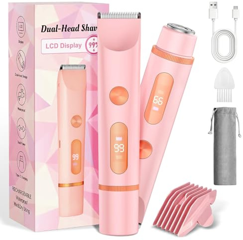 Women's Painless 2-in-1 Electric Shaver & Trimmer, IPX7 Waterproof Cordless Wet/Dry Lady Shaver for Legs, Underarms, Bikini Line, Body & Face, Rechargeable Dual Head Razor for Smooth Skin (Pink)