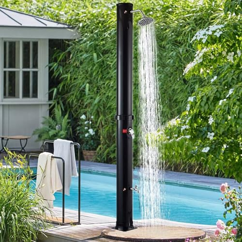 Douche de camping portable avec chauffage solaire – Système de douche extérieur auto-pressurisé avec robinet de lavage de pied pour jardin, bord de piscine et utilisation en extérieur