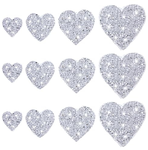WJIAAA 12 Stück Glitzer Bügelbilder, 4 Größen Herz Aufnäher Patches zum Aufbügelnn, Applikationen Zum Aufnähen für Kleidung T-Shirts Textilien Erwachsene (2,5-5,5 cm)