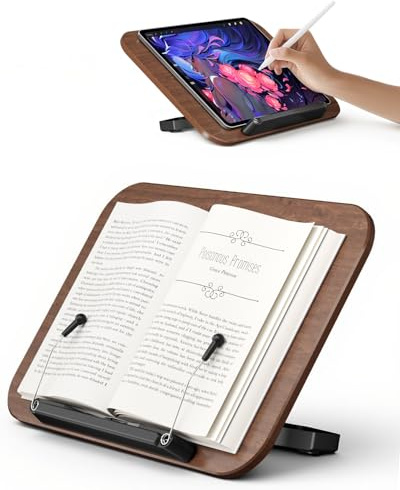 SupeDesk Buchständer, verstellbarer Holz-Buchhalter Leseständer, faltbarer Book Stand mit buchschonender Silikon-Seitenclip, langlebiger Kochbuchhalter, Präsentationsständer für Schule, Büro, Küche