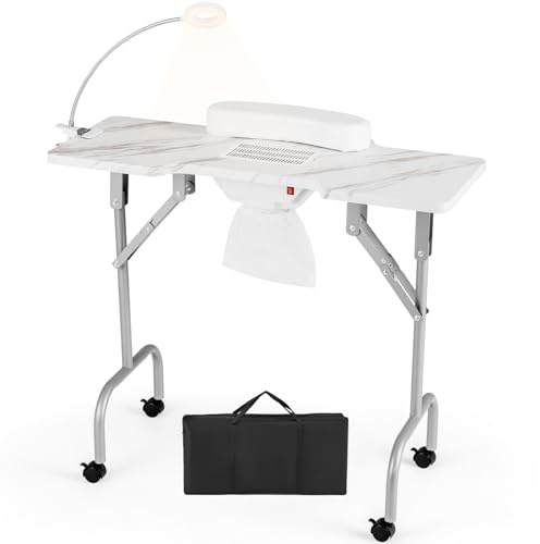 RELAX4LIFE Portable Manicure Nail Table, Mobile Folding Nail Technician Workstation with Dust Collector, LED Lamp, Removable Wrist Cushion, Carry Bag, Professional Beauty Desk (White, 90 x 40 x 77cm)