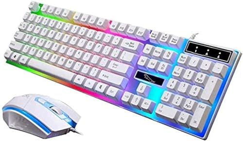 WOMGKDA Combo Tastiera e Mouse da Gaming, Tastiera Meccanica USB Rossa Retroilluminata LED, Kit Ergonomico Cablato Nero e Bianco