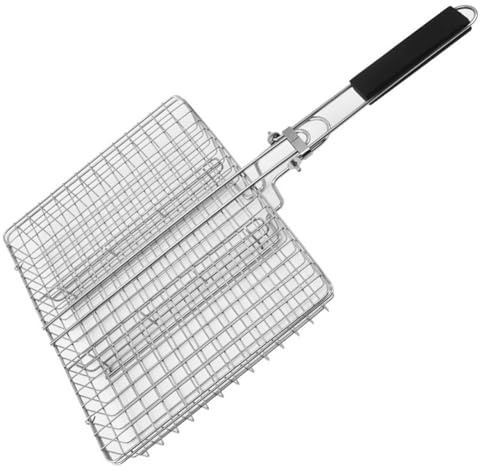 Griglia pieghevole in acciaio inox con manico lungo, 50,5 x 31 x 4 cm, maglia quadrata per pesce e carne, lavabile in lavastoviglie, strumento portatile per barbecue per campeggio all'aperto, argento