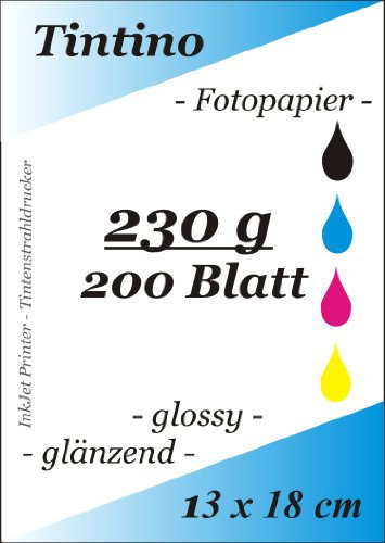200 Blatt Fotopapier 13 x 18 cm 230g/qm high -glossy glaenzend - sofort trocken - wasserfest - hochweiß - sehr hohe Farbbrillianz fuer InkJet Drucker Tintenstrahldrucker