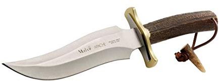 Muela Cuchillo APACHE hoja de acero ACX-380 de 19 cm y empuñadura de asta de ciervo para Caza, Pesca, Supervivencia y Bushcraft Realizado en Ciudad Real + Portabotellas de regalo