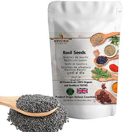 Basil Seeds (Tulsi, Tukmaria, Sabja, Subja, Subza, Sabza, Tukhmalanga) by Spices&herbsuk - Tukmaria Seeds High in Calcium, Magnesium & Iron - Perfect for Milkshake, Falooda, Faluda & Sherbet - 500g