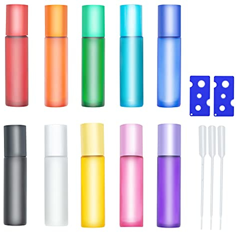 testyu 10 Piezas Botellas Roll On Cristal para Aceites Esenciales, 10 ml Botellas de Rodillos de Aceites Esenciales con Bola de Acero Inoxidable