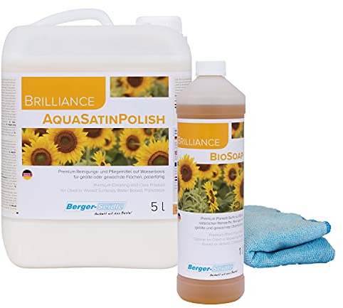 Berger-Seidle Parkettpflegeset; 5 Liter Aqua Satin Polish + 1 Liter BioSoap + Poliertuch, hochwertige Pflege Reinigung von geölten Parkett und Holzböden