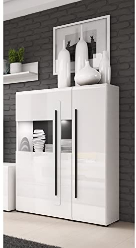 Lomadox Highboard Vitrine weiß beleuchtet mit Absetzungen in schwarz, B/H/T: ca. 90/136/39 cm