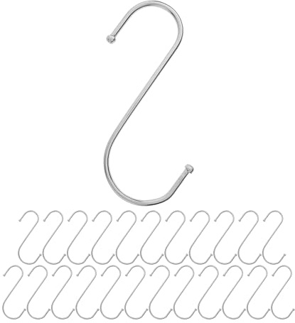 S-Haken zum Einhängen, 24 Stück, in Silber, Metallhaken für bis Ø 42 mm Stangen, Länge 120 mm, S Haken für Küche, Kleiderstange, Garage, Topf, Pfanne, Tasse, Hängehaken, Küchenhaken, Doppelhaken Set