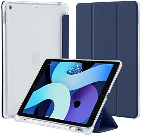 4UBonLife Hülle für iPad 9./8./7. Generation 10,2 Zoll 2021/2020/2019 | Schutzhülle mit Stifthalter, Ultradünne Case Weich TPU Transluzent Rückseite Schale Cover, Auto Schlafen/Wachen, Dunkelblau