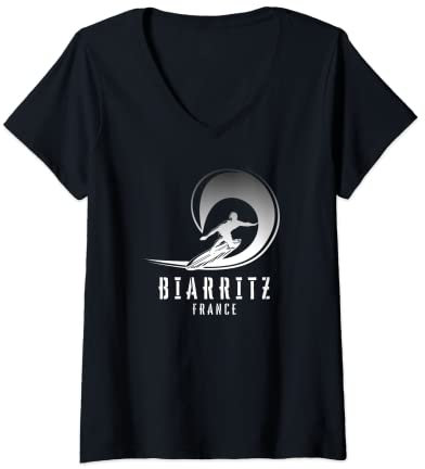 Damen Surf Biarritz, Surfen Biarritz in Frankreich, Pipe Surfer T-Shirt mit V-Ausschnitt