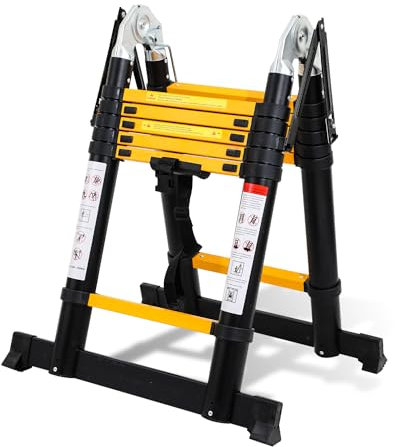 Cecaylie 3.8M Teleskopleiter A Frame, Aluminium Klappleiter Mit Dreiecksstabilisator, Tragbare Teleskop-Ausziehleiter Max Belastung 150 kg (1,9M+1,9M-Schwarz)