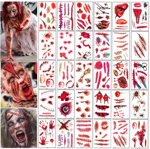 Temporäre Tattoos, 180 Stück Halloween Tattoo Narben, Halloween Zombie Scars Tattoos Aufkleber, Halloween Tattoos Narben mit Blut Horror Ritzen, Tattoo Gesicht für Halloween Kostüm Makeup Stützen