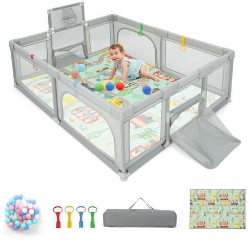 DREAMADE Laufstall baby, 188 x 157cm Laufgitter mit Matratze & Basketballkorb & Zugring, Schutzgitter mit Rutschfester Basis, Krabbelgitter für Kinder