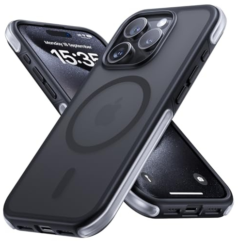 Lamicall Cover Magnetica per iPhone 15 Pro - [Airbag di Sicurezza Incorporati] Protezione de Grado Militare de 3,66 M, Bottoni in Metallo, Custodia Sottile e Leggera per MagSafe - Nero Opaco