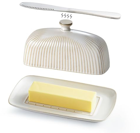 Getstar Ceramic Butter Dish with Lid and Stainless Steel Knife for Countertop, with Magnet to Attract Knife, Fit both West East Coast Butter