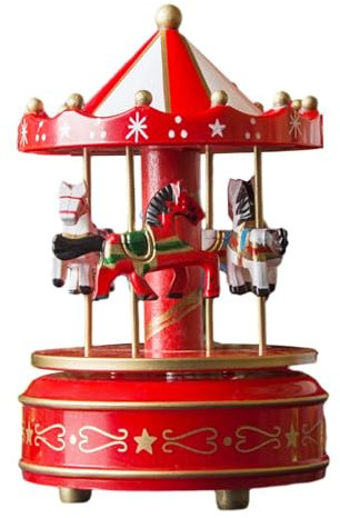F Fityle Weihnachten Holz Spieluhr Drehen Pferd Form Dekorative Weihnachten Prunkstück für Urlaub Dekoration Multifunktional, Rot