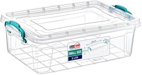 Best House | Small Plastic Storage Box with Clips & Lid | 3 Litres | Pack of 1 | L 26cm x W 17cm x H 11.5cm | Rectangle | Stackable Clear Durable Multipurpose Office Home Kitchen Tools (SMALL Size)