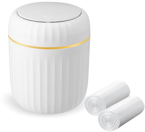 Desktop Trash Can, with Press Type Lid, Mini Plastic Desktop Trash Bin | for Family Living Room Kitchen Bathroom Office Car Indoor Plastic Trash Can,with 60 sheets of Trash Bags (White)