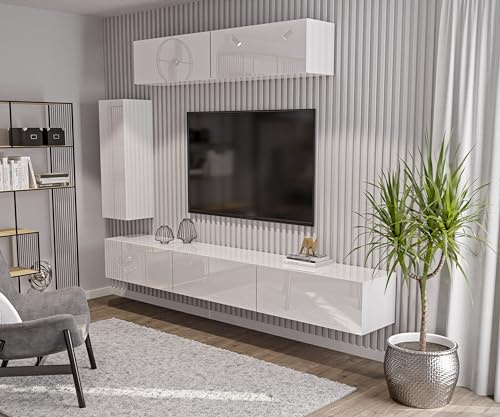 HAJDUK FURNITURE Wohnwand Set, TV-Lowboard, Seitenschrank, 2X Hängeschrank, Weiß Hochglanz Modern Design, Hängend Wohnzimmer-Set