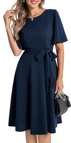 Bbonlinedress Abito da cocktail da donna a maniche corte midi con cintura, abito da sera elegante per matrimoni e feste, blu navy, 3XL