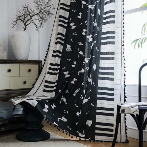Bishilin Vorhänge Lichtdurchlässig 2er Set 150x180CM, Vorhänge Stangendurchzug Schwarz Weiß Bedruckt mit Klavier Motiv Wohnzimmer Vorhänge und Gardinen Halbtransparent