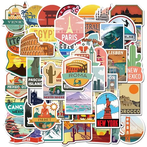 Travel Map Country StickerSet 50Pcs,World City Tourist Vintage Travel Stickers,Waterproof Vinyl Aesthetic Personalised Stickers for Kids Teens Adults Water Bottle Laptop Scrapbook Phone Skateboard