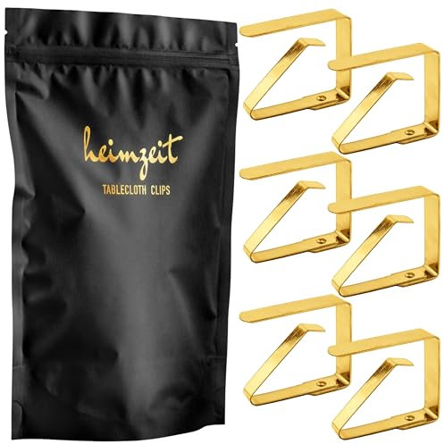heimzeit Tischdeckenklammern aus hochwertigem Edelstahl [6 Stück, 4 cm] Farbe: Gold, Tischtuchhalter für draußen und drinnen,Tischtuchklammern für Tische mit max. Plattenstärke von 3 cm