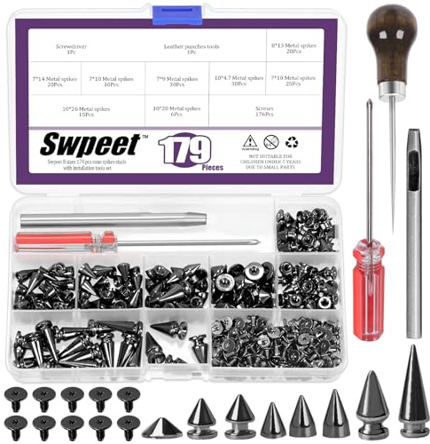 Swpeet 179 Set Gun-Black Cone Spikes and Studs - Assortment Kit with Scratch Awl Screwdriver Punch for Punk Clothing Craft DIY