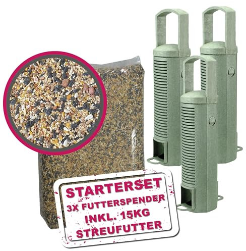 MeinWildvogel Streufutter Starter Set, 15kg Wildvogel-Vital und 3X MeinWildvogel Vogelfutterspender, ganzjähriges Futter ohne Gentechnik und hängender Futterspender aus 100% recyceltem Material