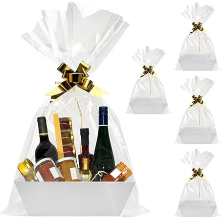5 Stück Präsentkorb Leer:Körbe für Geschenke mit Griffen 25 * 17 * 9cm, Geschenkkorb aus Pappe mit Transparenten Geschenktüten für Personalisierte Geschenkpakete Geburtstage