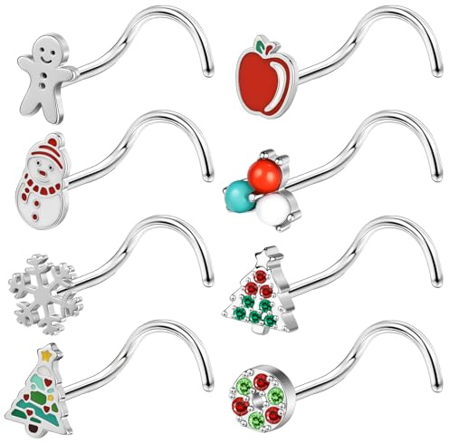 ZS 8Pcs Santa Claus Corkscrew Nose Rings Studs, 20G Stainless Steel Corkscrew Nose Stud, Christmas Trees Nose Screw Bone Nose Piercing L-shaped Nose Jewelry for Women Men (SetB,Corkscrew)