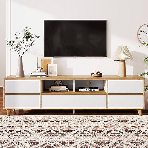 Shye - Armario para televisión, mueble bajo, muebles de salón en blanco y tonos de madera. Cajones y puertas en estilo rústico natural.