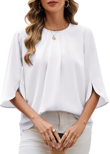 PASUDA Camicia Donna Elegante Manica a 3/4 Top Blusa a Girocollo in Chiffon Casual Camicetta Estiva Tinta Unita Manicotto Split Maglietta da Lavoro (Bianco, XL)