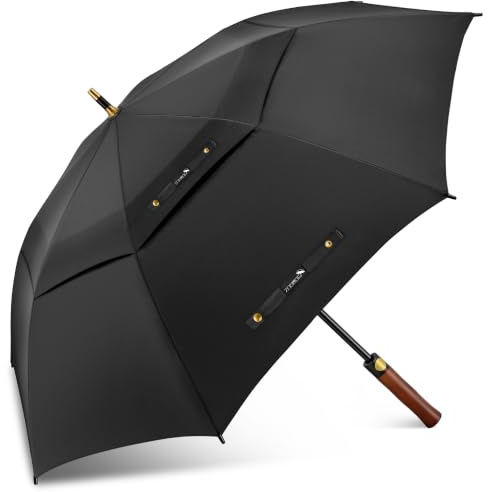 ZOMAKE Ombrello da Golf Grande 157cm, Automatico Ombrelli Pioggia Grandi Resistente Antivento Con Doppio Baldacchino, Extra Large Umbrella Per Uomo Donna con Manico in Legno(Nero, Accessori Dorati)