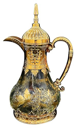 Dickly Tetera de Vidrio de cafetería de café en árabe 1600 ml de Gran Capacidad Portilla de té de té árabe portátil hervidor de té para reuniones de Viajes, Oro