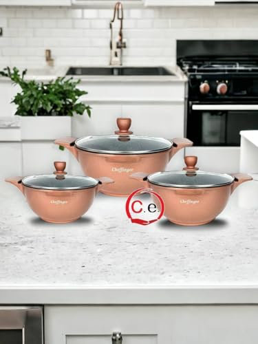 CasseseShop Tris casseruole pitonate in pietra lavica con coperchio in vetro Cheffinger (Rame)