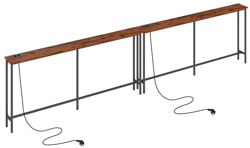 160 cm Breit Konsolentisch Schmal mit Steckdose(Braun&Schwarz/2er Set) | Flur Regal Schmaler Beistelltisch Sofa Couch Tisch für Eingang Flur Foyer Veranda Balkon Wohnzimmer Möbel 160x20x80cm