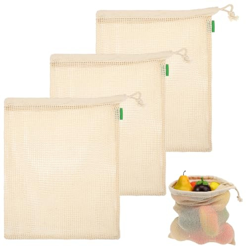 Yuomeaz Einkaufsnetz 3 Stück, Wiederverwendbar Netztasche Groß Bio Baumwoll, Beutel Netz, Netzbeutel mit Kordelzug, Mesh Tasche, Einkaufstasche Netz für Die Aufbewahrung Von Obst und Gemüse