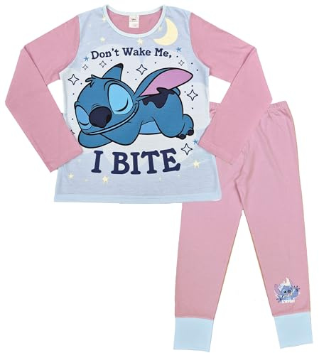 Disney Lilo & Stitch, Girls 2 Piece Pyjamas Set Featuring Stitch Don't Wake Me, I Bite, Pink, Age 11-12 Years