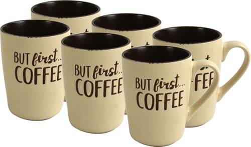 LAVV HOUSEWARES LTD 6pk Smooth Embossed Ceramic Tea Coffee Cup 400ml (But First Coffee)