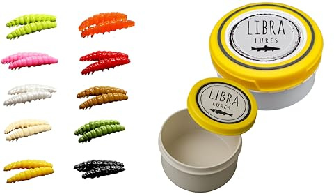 Libra Lures Larva 45mm Starter-Set – 20x Forellenköder Softbaits in 10 Farben mit Käse-Aroma – Gummiköder Set + dichte Dose – Ideal zum Forellenangeln