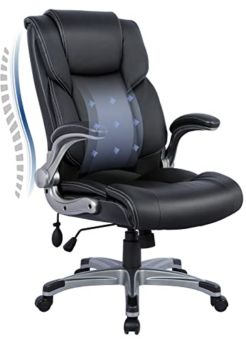 COLAMY Bürostuhl Ergonomisch, Chefsessel mit Hoher Rückenlehne, Schreibtischstuhl Lederstuhl mit Gepolsterten Klapparmlehnen, Verstellbarer Neigungsverschluss, Drehstuhl für Erwachsene, Schwarz