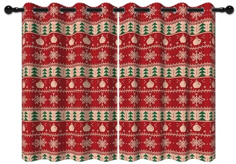 YONGFOTO 107x160cm Tende natalizie per la camera da letto Rosso classico Fiocchi di neve Albero di Natale Tende Oscuranti con Occhielli per Decorazioni Invernali per il Soggiorno, 2 Pannelli