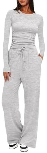 AOWVUTS Tuta Completa Donna 2 Pezzi Top a Manica Lunga Girocollo e Pantaloni a Gamba Larga con Tasche e Coulisse Tute Sportive Moda da Jogging Casual Elegante Set per Training Casa Fitness Pigiama