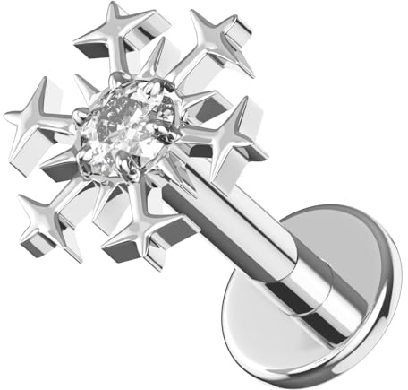 AZARIO LONDON Labret-Piercing, Schneeflocken mit Zirkonia-Steinen, Innengewinde, G23-Titan, Lippenpiercing, Tragus-Piercing, Labret-Piercing, Helix, Tragus-Ohrring, 6mm Length, Zirkonia Zirkonia G23