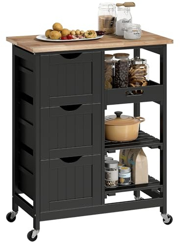 HOMCOM Carro de Cocina con Ruedas Tablero de Madera 67x37x85,5 cm Negro | Carrito Auxiliar, 3 Cajones, 2 Estantes Abiertos, Bandeja Extraíble, para Comedor Salón